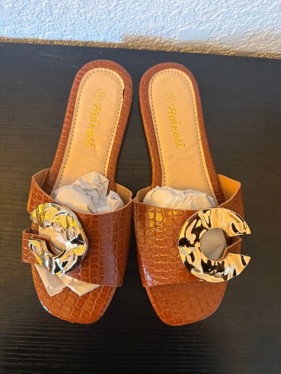 Each X Other Shoes - Hairaisi Croc-Embossed Slide Sandals with Oversized Gold Buckle – Tan/Cognac, EU